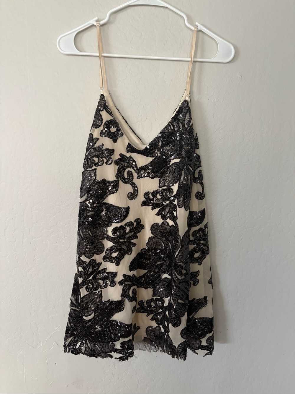Black Sequin Floral Slip Mini Dress in Cream - Women's Elegant Party Dress